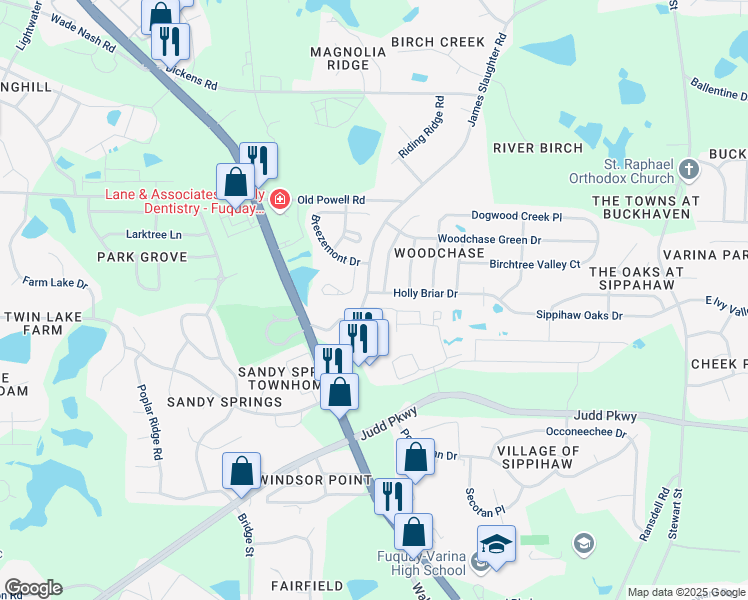 map of restaurants, bars, coffee shops, grocery stores, and more near 300 Holly Briar Drive in Fuquay-Varina
