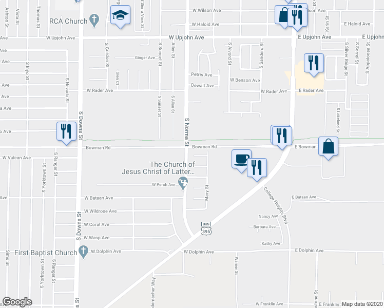 map of restaurants, bars, coffee shops, grocery stores, and more near 420 Marlene Court in Ridgecrest