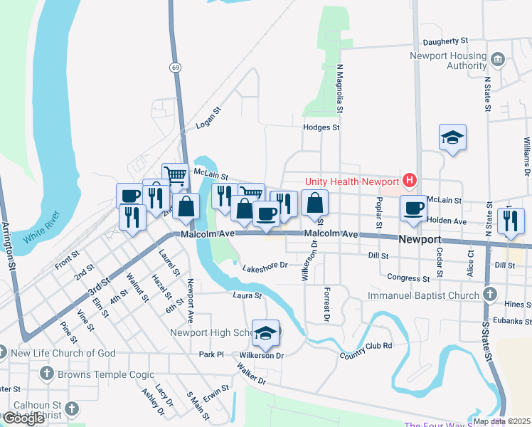 map of restaurants, bars, coffee shops, grocery stores, and more near Shelby Street in Newport