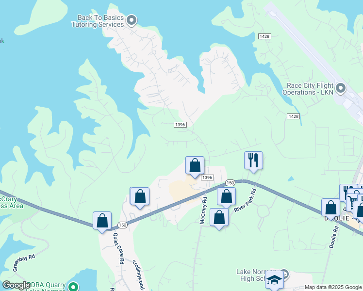 map of restaurants, bars, coffee shops, grocery stores, and more near 121 Rustic Way Lane in Mooresville