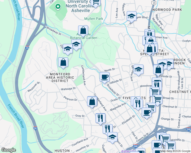 map of restaurants, bars, coffee shops, grocery stores, and more near 61 Cumberland Circle in Asheville