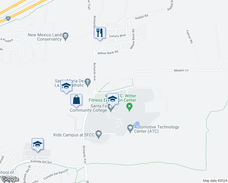 map of restaurants, bars, coffee shops, grocery stores, and more near College Drive in Santa Fe County