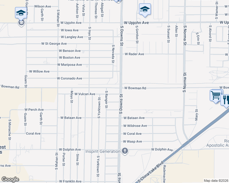 map of restaurants, bars, coffee shops, grocery stores, and more near 905 West Vulcan Avenue in Ridgecrest