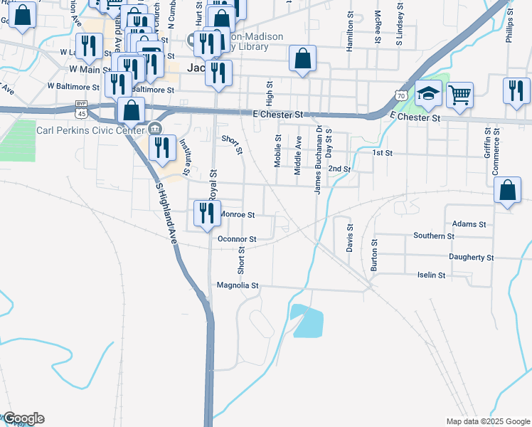 map of restaurants, bars, coffee shops, grocery stores, and more near 303 Monroe Street in Jackson