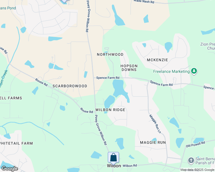 map of restaurants, bars, coffee shops, grocery stores, and more near 5717 Spence Farm Road in Holly Springs