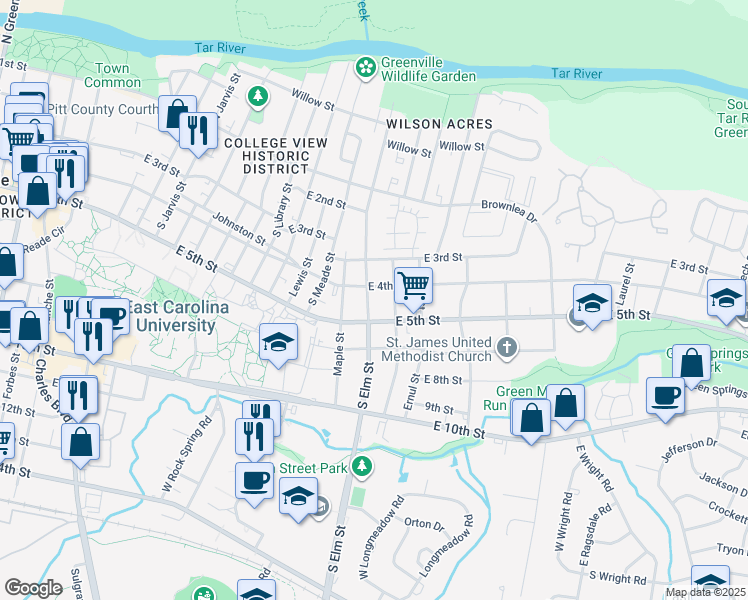 map of restaurants, bars, coffee shops, grocery stores, and more near 407 South Elm Street in Greenville