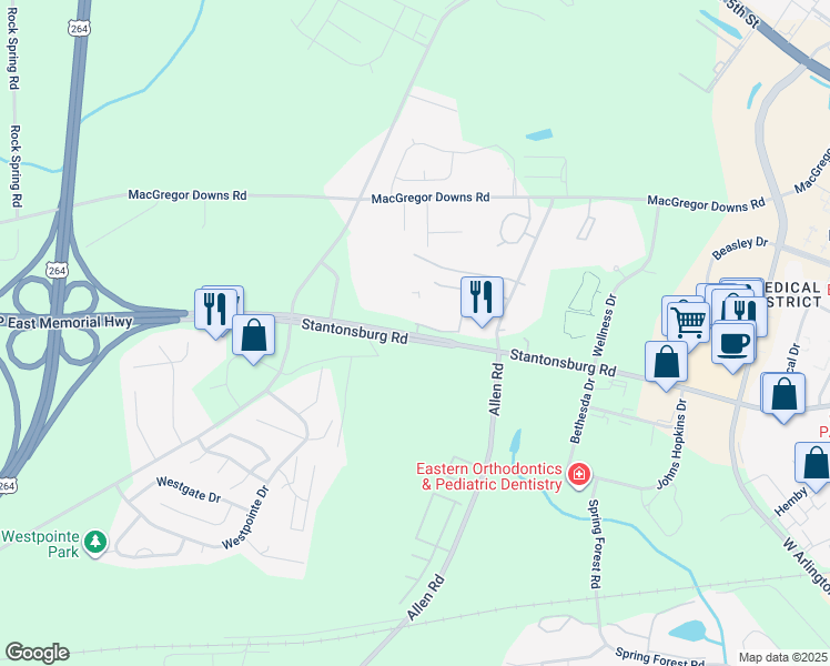 map of restaurants, bars, coffee shops, grocery stores, and more near 2816 Stantonsburg Road in Greenville