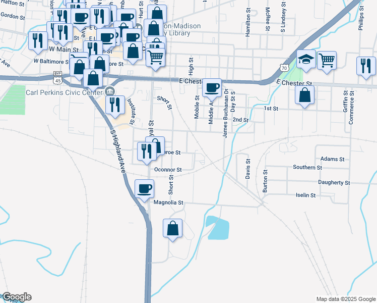 map of restaurants, bars, coffee shops, grocery stores, and more near 303 Monroe Street in Jackson