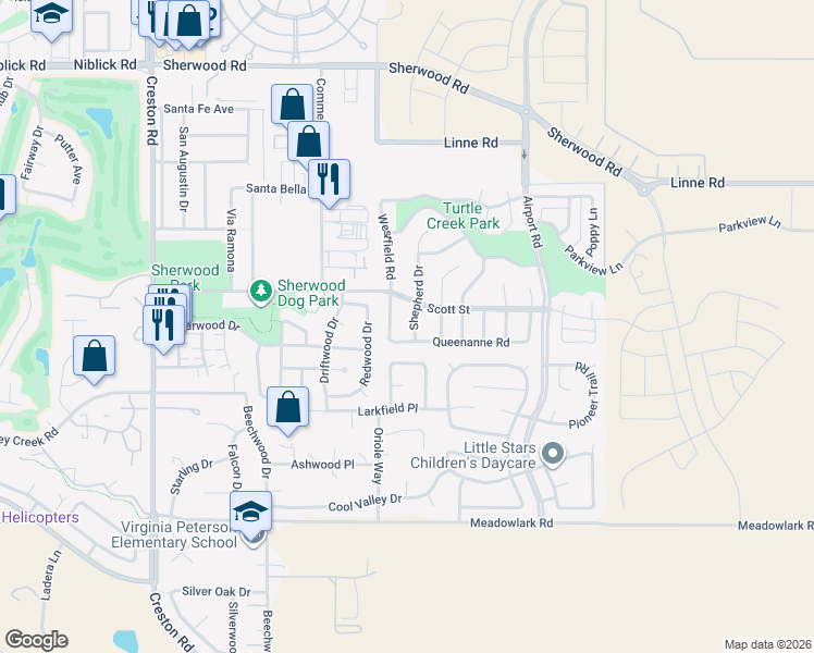 map of restaurants, bars, coffee shops, grocery stores, and more near 1823 Shepherd Drive in Paso Robles