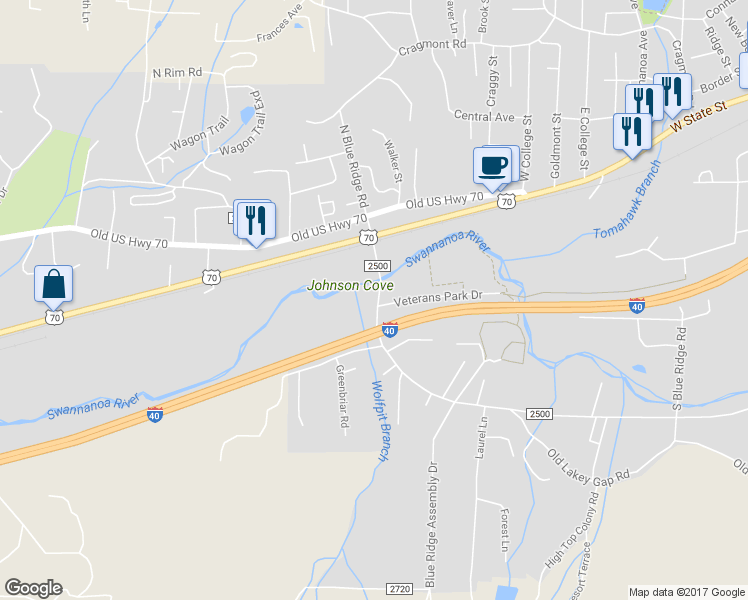 map of restaurants, bars, coffee shops, grocery stores, and more near 851 Blue Ridge Road in Black Mountain