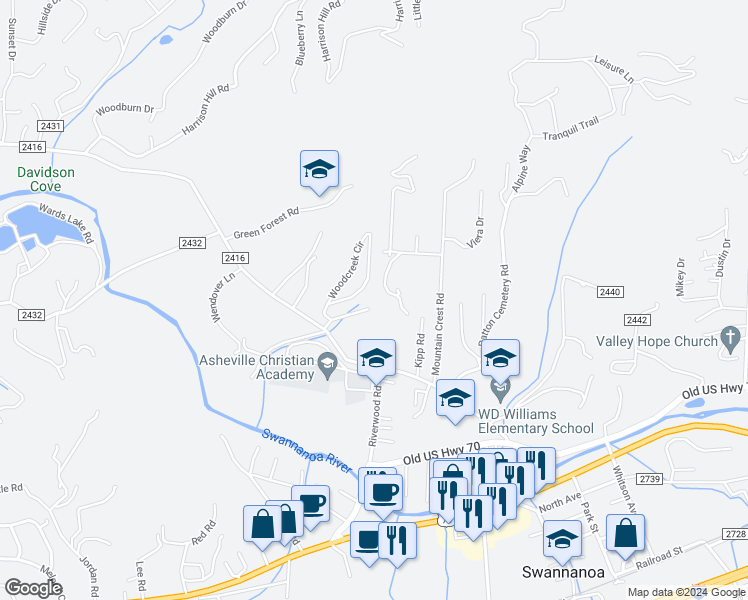 map of restaurants, bars, coffee shops, grocery stores, and more near 81 Cherry Laurel Lane in Swannanoa