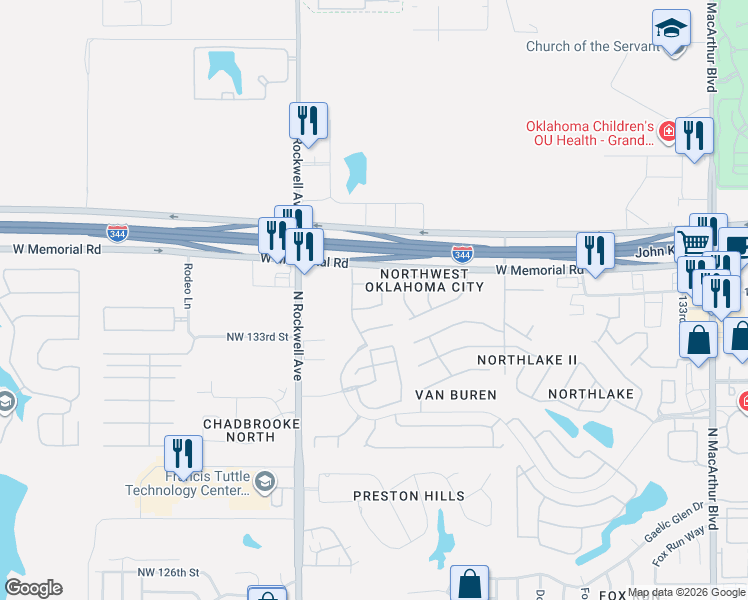 map of restaurants, bars, coffee shops, grocery stores, and more near 6804 Northwest 136th Place in Oklahoma City