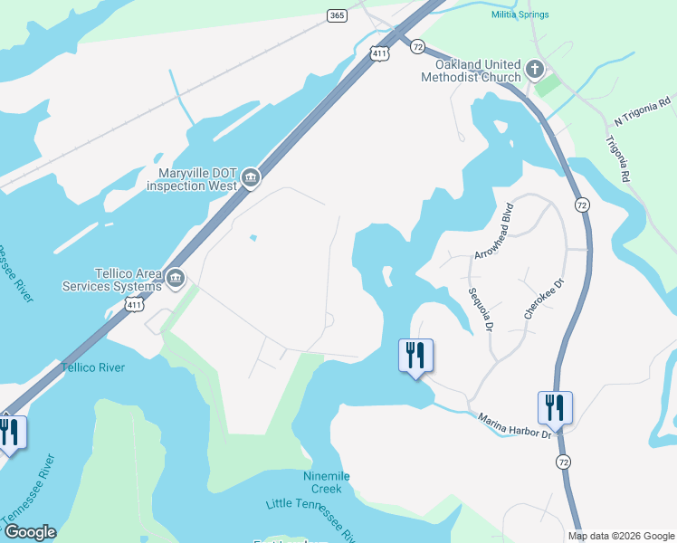 map of restaurants, bars, coffee shops, grocery stores, and more near 233 Harbor View Lane in Maryville