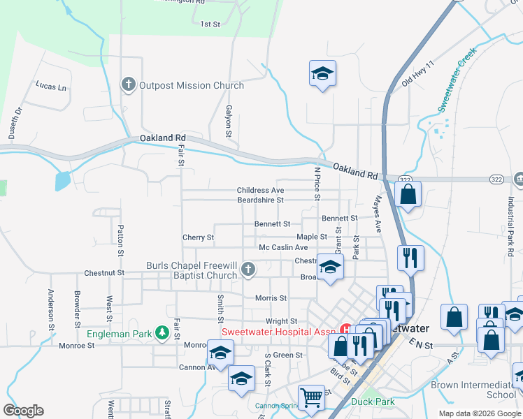 map of restaurants, bars, coffee shops, grocery stores, and more near 806 Bennett Street in Sweetwater
