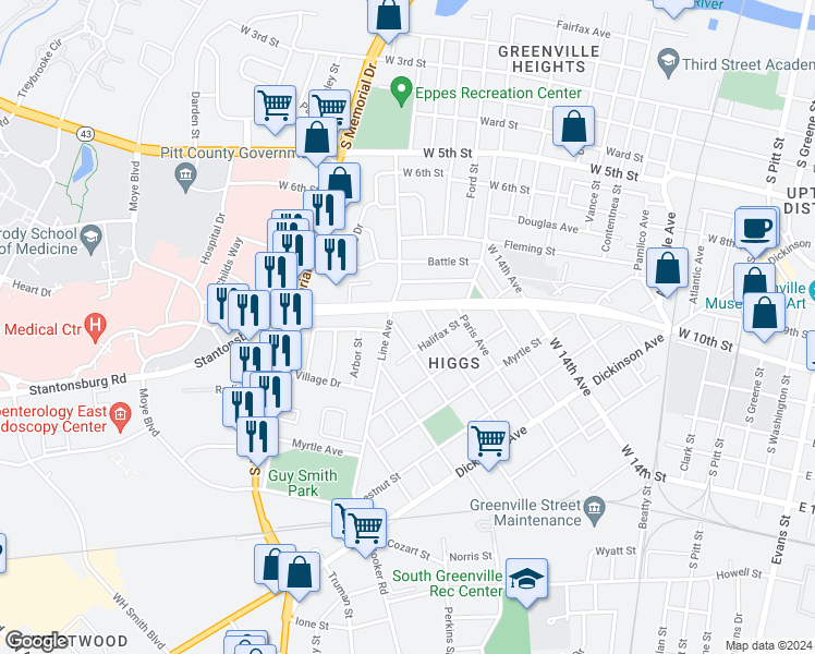 map of restaurants, bars, coffee shops, grocery stores, and more near 511 Watauga Avenue in Greenville
