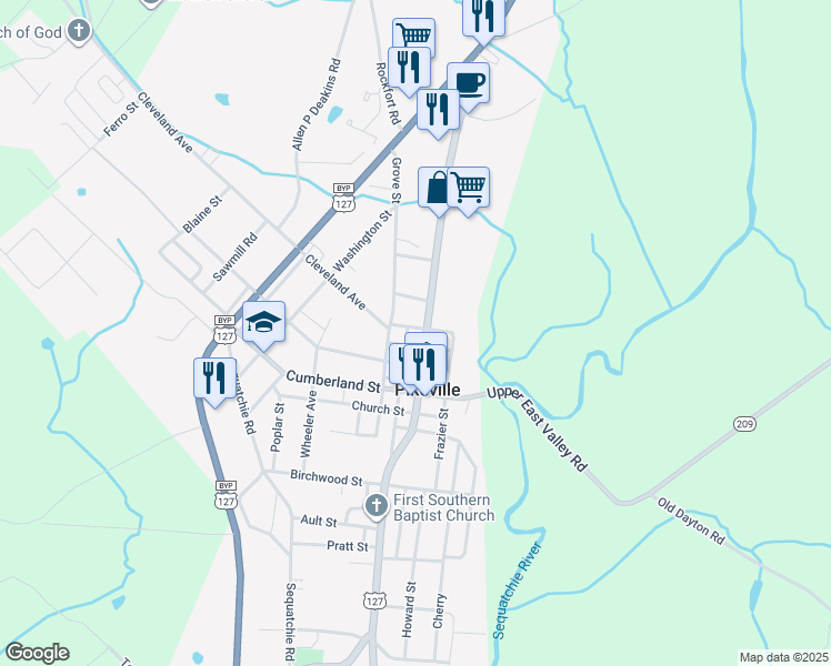 map of restaurants, bars, coffee shops, grocery stores, and more near 47 City Hall Street in Pikeville