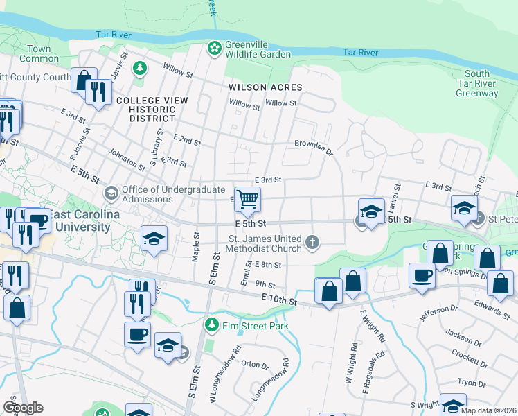 map of restaurants, bars, coffee shops, grocery stores, and more near 1909 East 5th Street in Greenville