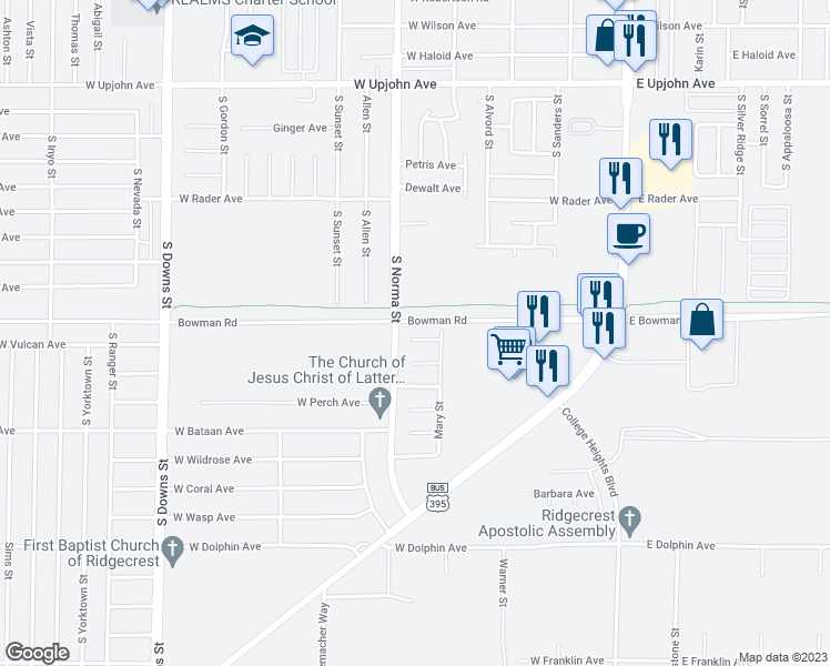 map of restaurants, bars, coffee shops, grocery stores, and more near 416 Marlene Court in Ridgecrest