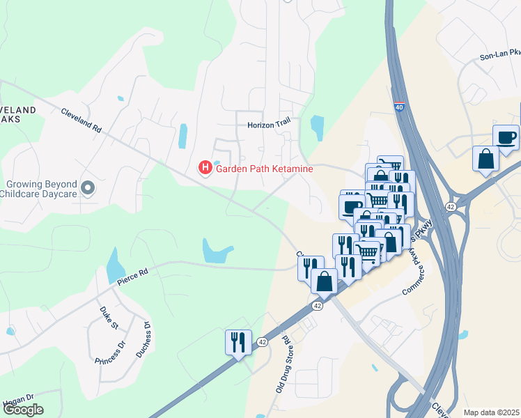 map of restaurants, bars, coffee shops, grocery stores, and more near 705 Glen Road in Garner