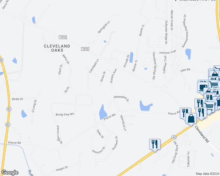 map of restaurants, bars, coffee shops, grocery stores, and more near 190 Polaris Avenue in Garner