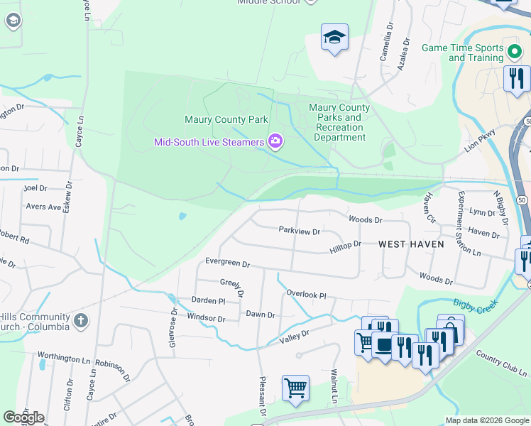 map of restaurants, bars, coffee shops, grocery stores, and more near 406 Parkview Drive in Columbia