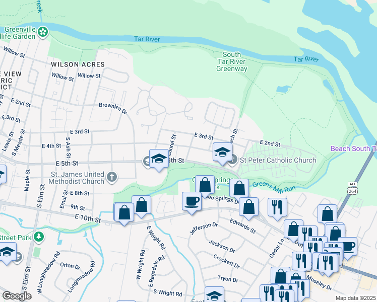 map of restaurants, bars, coffee shops, grocery stores, and more near 400-498 Sycamore Street in Greenville
