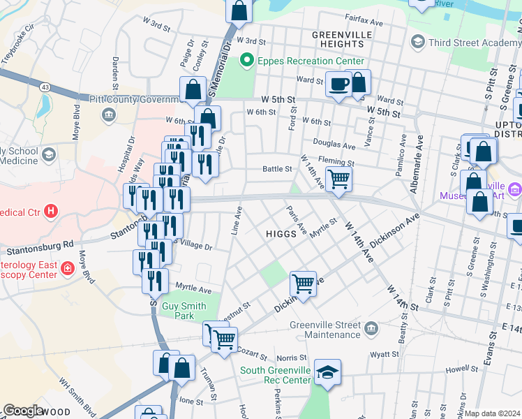 map of restaurants, bars, coffee shops, grocery stores, and more near 1600-1698 Halifax Street in Greenville