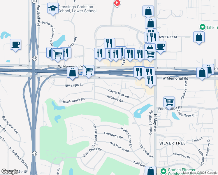 map of restaurants, bars, coffee shops, grocery stores, and more near 3212 Castle Rock Road in Oklahoma City