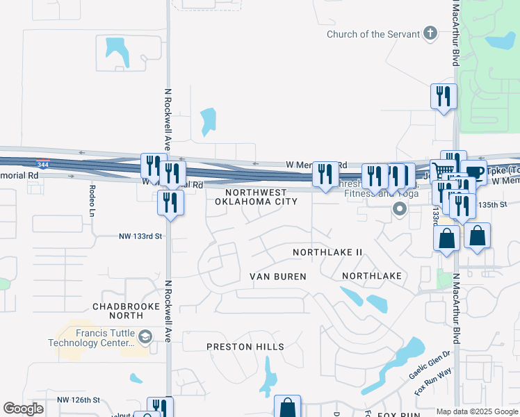 map of restaurants, bars, coffee shops, grocery stores, and more near 6801 Northwest 135th Circle in Oklahoma City