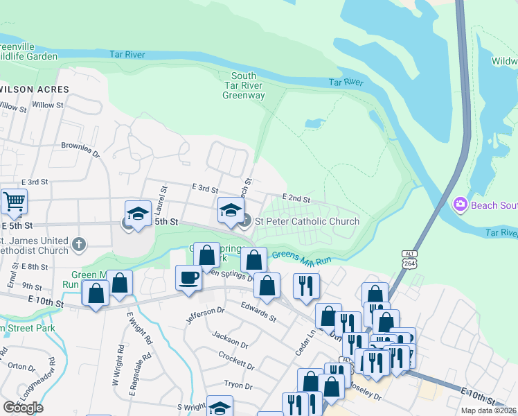 map of restaurants, bars, coffee shops, grocery stores, and more near 2715 E 4th St in Greenville