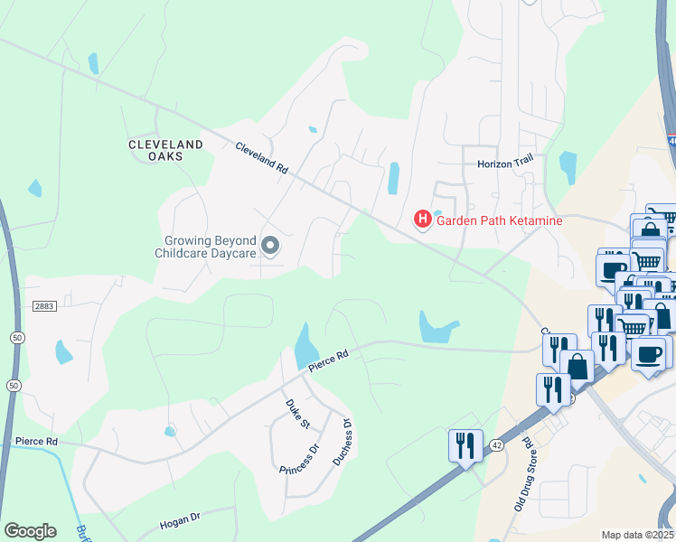 map of restaurants, bars, coffee shops, grocery stores, and more near 187 Polaris Avenue in Garner