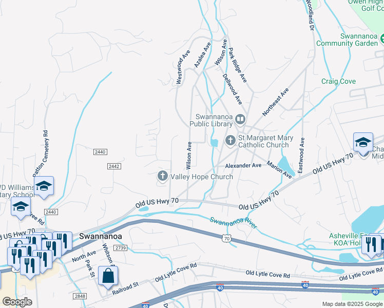 map of restaurants, bars, coffee shops, grocery stores, and more near 216 Wilson Avenue in Swannanoa