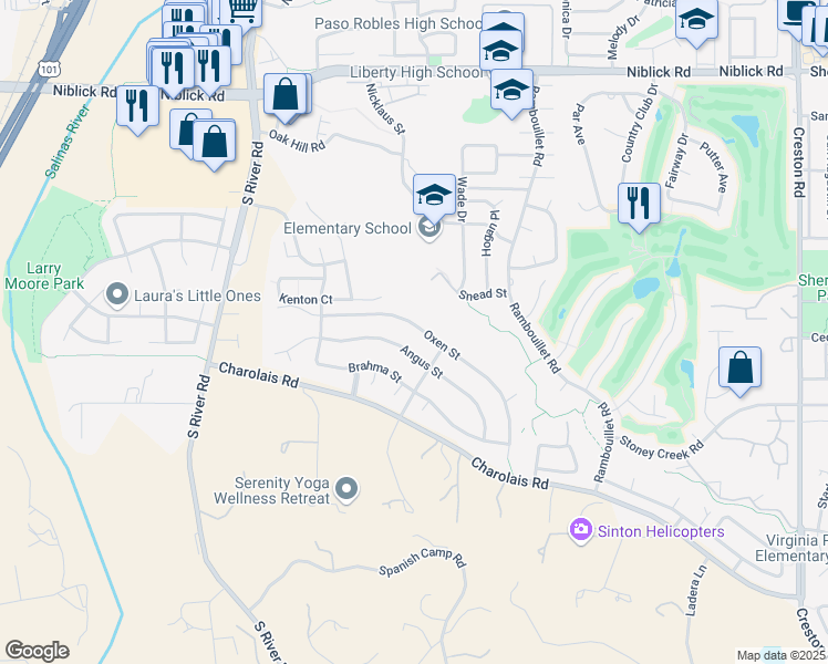 map of restaurants, bars, coffee shops, grocery stores, and more near 784 Oxen Street in Paso Robles