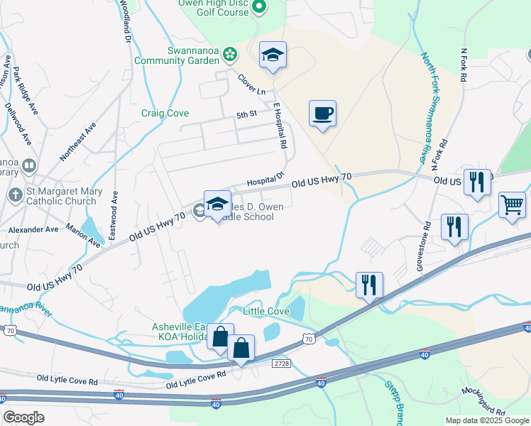 map of restaurants, bars, coffee shops, grocery stores, and more near 117 Stone Drive in Swannanoa