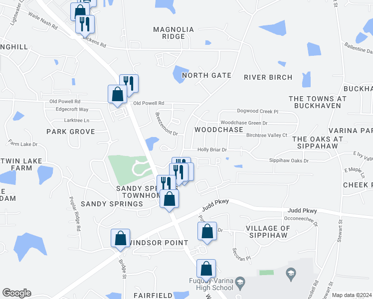 map of restaurants, bars, coffee shops, grocery stores, and more near 160 Holly Briar Drive in Fuquay Varina