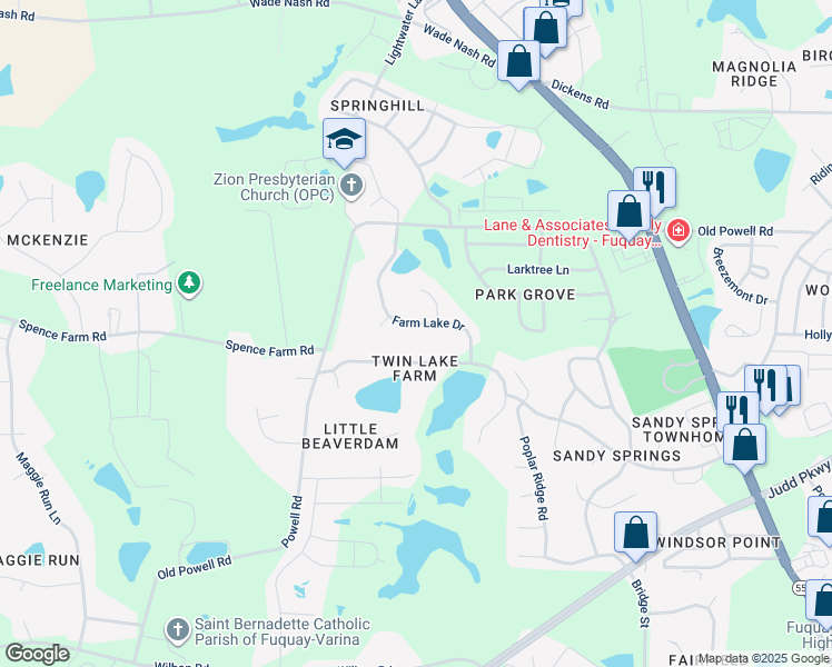 map of restaurants, bars, coffee shops, grocery stores, and more near 1609 Farm Lake Drive in Holly Springs