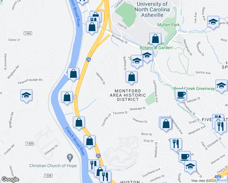 map of restaurants, bars, coffee shops, grocery stores, and more near 97 Santee Street in Asheville