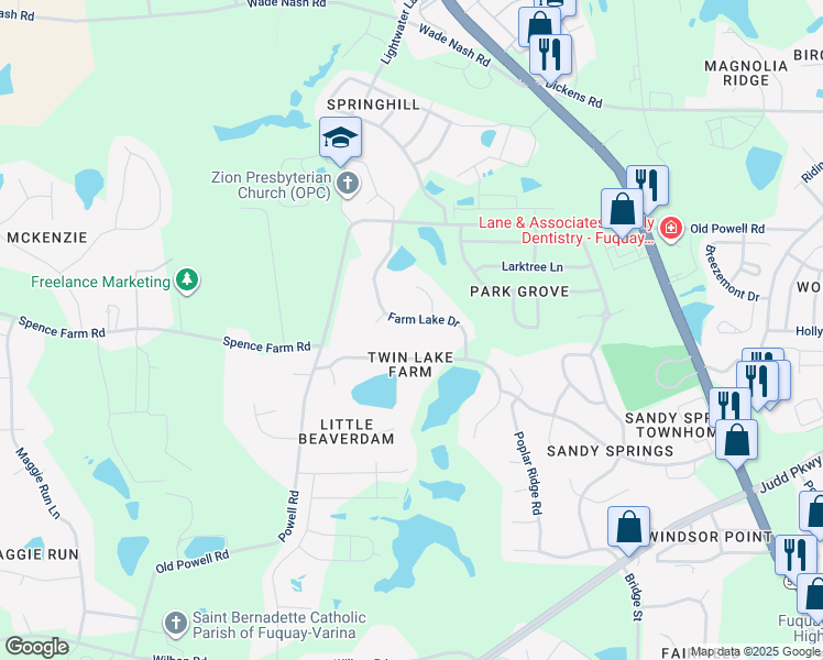 map of restaurants, bars, coffee shops, grocery stores, and more near 1609 Farm Lake Drive in Holly Springs
