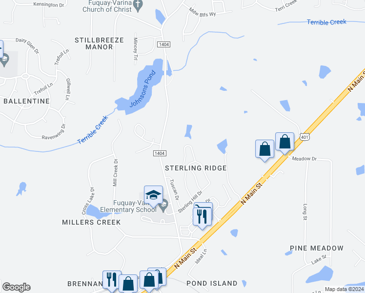 map of restaurants, bars, coffee shops, grocery stores, and more near 1533 Essexwood Drive in Fuquay Varina