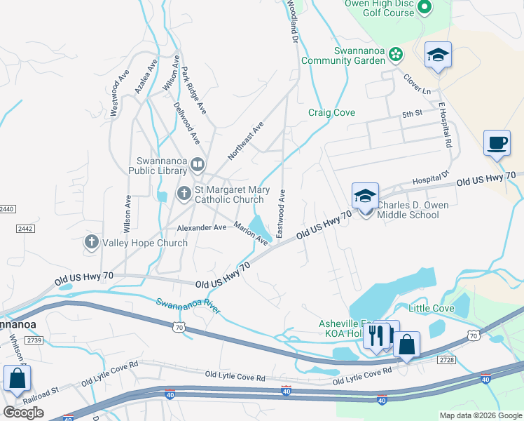 map of restaurants, bars, coffee shops, grocery stores, and more near 107 Eastwood Avenue in Swannanoa