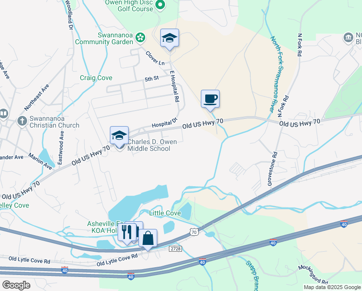 map of restaurants, bars, coffee shops, grocery stores, and more near 117 Stone Drive in Swannanoa
