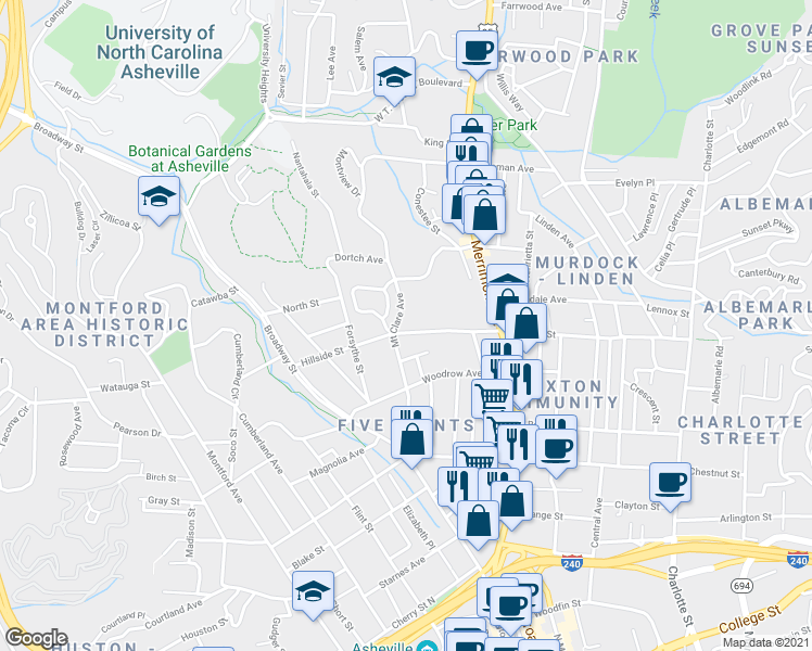 map of restaurants, bars, coffee shops, grocery stores, and more near 119 Hillside Street in Asheville