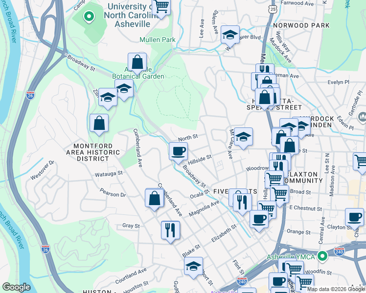 map of restaurants, bars, coffee shops, grocery stores, and more near 80 West Street in Asheville