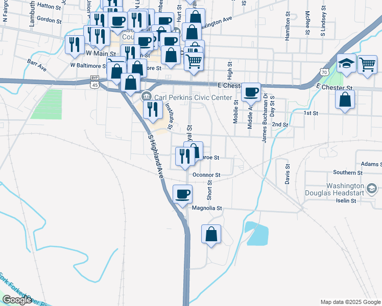 map of restaurants, bars, coffee shops, grocery stores, and more near 554 South Royal Street in Jackson