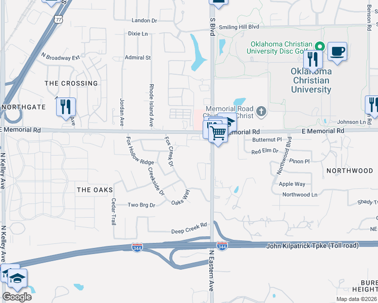 map of restaurants, bars, coffee shops, grocery stores, and more near 13429 Creek Pointe Lane in Oklahoma City