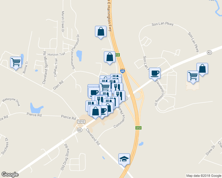 map of restaurants, bars, coffee shops, grocery stores, and more near 108 Glen Road in Garner