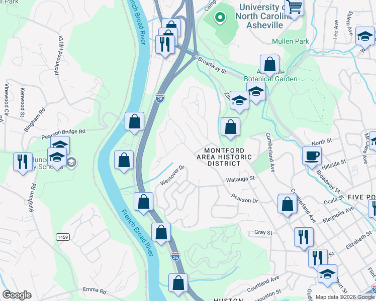 map of restaurants, bars, coffee shops, grocery stores, and more near 326 Pearson Drive in Asheville