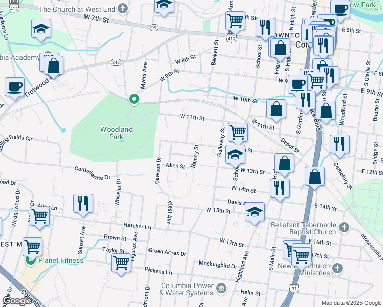 map of restaurants, bars, coffee shops, grocery stores, and more near 601 Louise Street in Columbia