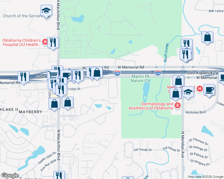 map of restaurants, bars, coffee shops, grocery stores, and more near 5300 West Memorial Road in Oklahoma City