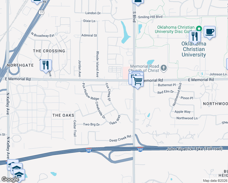 map of restaurants, bars, coffee shops, grocery stores, and more near 13429 Creek Pointe Lane in Oklahoma City